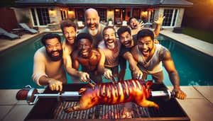Joyful Festive Ambience: Men Roasting Whole Pig by Pool