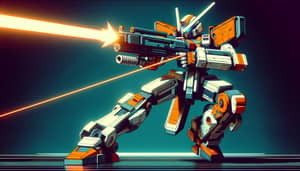 Orange and White Gundam in Dynamic Pose | Futuristic Infographic Style