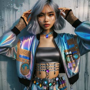 Modern Fantasy Fusion: Silver-Haired South Asian Girl in Unique Outfit