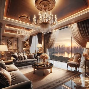 Luxurious Living Room with Velvet Sofas and City View at Sunset