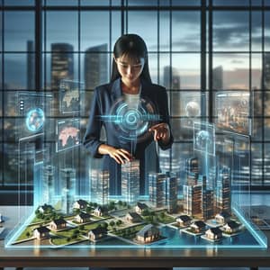Asian Female Investor in Futuristic Real Estate Portfolio View
