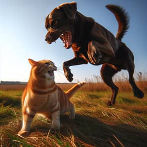 Orange Tabby Cat vs Brown Labrador Dog Playful Fight in Grassy Field