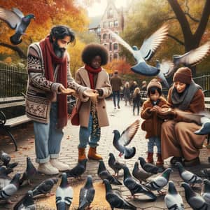 Urban Park Scene in Autumn: Feeding Pigeons with Diverse Group