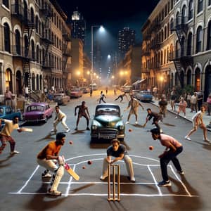 Diverse Cricket Match on Well-Lit Street: Electrifying Tournament