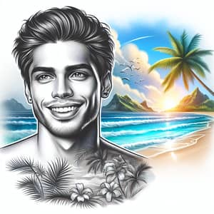 Realistic Tropical Paradise Landscape & Will Smith Face Tattoo Design