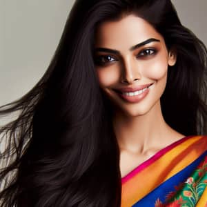 South Asian Woman in Vibrant Saree | Enigmatic Beauty