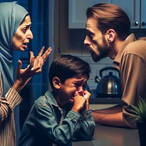 Family Argument in Kitchen: Emotional Scene Depicting Mother, Father, and Son