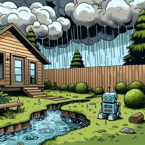 Comic Style Backyard Scene with Wooden House and Toy Robot