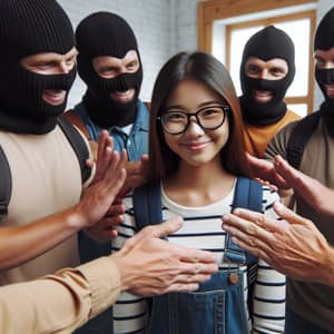 Asian Girl Student Embraced by Encouraging Men in Balaclavas