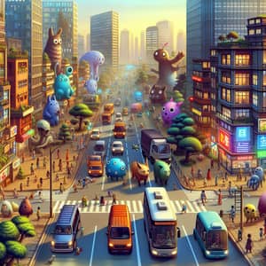 Cityscape from Popular Open-World Game with Friendly Creatures