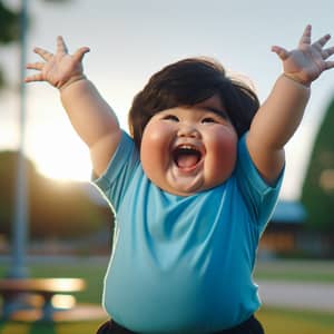 Joyful Chubby South Asian Boy with Raised Arms in Blue T-shirt