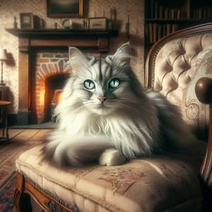 Luxurious Silver and White Cat on Vintage Chair