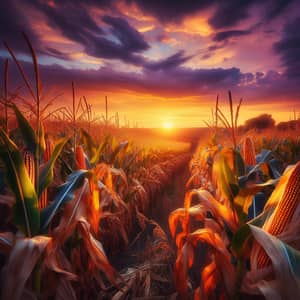 Vibrant Sunset Cornfield: Picturesque Farm Scene