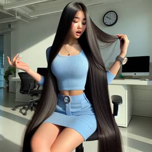 Asian Teenage Girl with Knee-Length Black Silky Hair in Blue Outfit