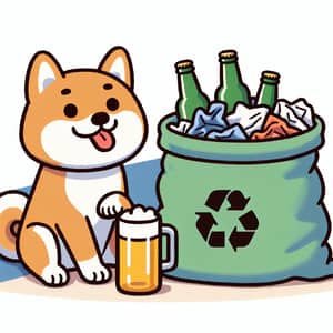 Cheerful Shiba Inu Dog and Oil Rag Collection Bag Enjoying Beer