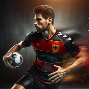 Intense German Handball Player in Black, Red, and Gold Jersey