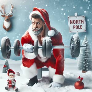 Caucasian Santa Claus Training for Christmas in Snowy Landscape