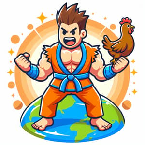 Muscular Cartoon Man Holding Chicken on Earth | Character Name SEO