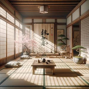 Traditional Japanese Living Room: Harmony of Cherry Blossoms & Bamboo