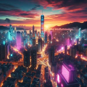 Futuristic Cityscape at Sunset | Cyberpunk Skyline View