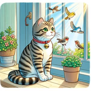Tabby Cat Watching Birds | Peaceful Scene with Succulent Plant