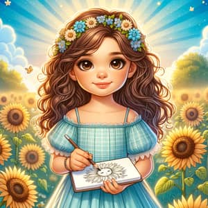 Hispanic Young Girl in Blue Summer Dress Sketching in Sunflower Field