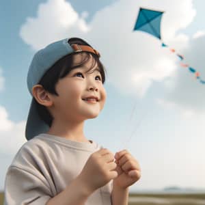 Young Korean Boy Flying Kite in Sunny Field