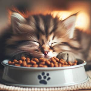 Adorable Kitten Contentedly Munching on Cat Food