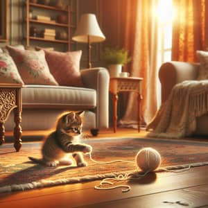 Cozy Living Room with Playful Kitten - Joyful Scene