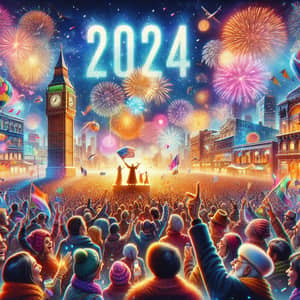 New Year 2024 Celebration with Spectacular Fireworks and Diverse People