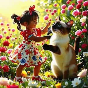 Whimsical Girl Dancing with Siamese Cat in Sunlit Garden