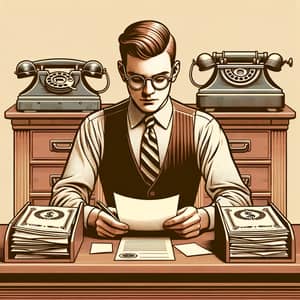 Vintage Business Assistant Sorting Bank Documents at Wooden Desk