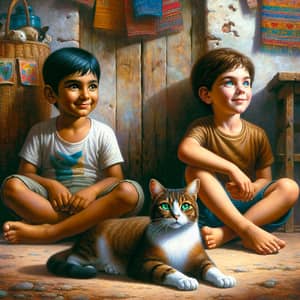Artistic Depiction of Joyful Boys & Cat in Cozy Room