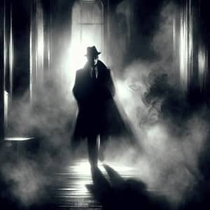 Mysterious Figure Emerging from Dense Shadows in Noir Setting