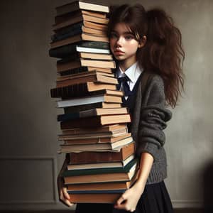 Young Girl with Bushy Brown Hair Carrying Impressive Stack of Books