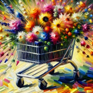 Impressionist Style Oil Painting of Vintage Shopping Cart with Colorful Flowers