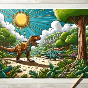 Jurassic Era Dinosaur Scene with Lush Vegetation and Bright Sky