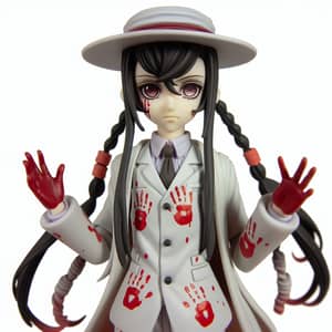 Anime Character with Black Pigtails in White Suit and Red Handprints