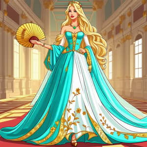 Blonde Empress Walking in Royal Palace | Elegant Fan & Gown