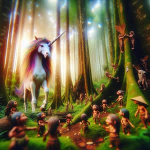 Mystical Unicorn in Lush Forest: Dreamlike scene with Indigenous Children