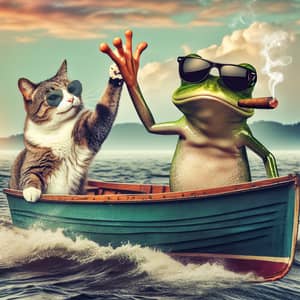 Cat and Frog High-Five on Boat | Cool Frog with Sunglasses