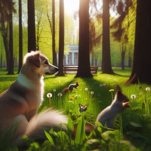 Tranquil Scene of a Dog in Sunlit Park Watching Squirrels