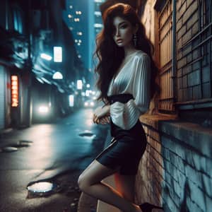 Urban Night Intrigue: Mysterious Woman in Mini Skirt and Blouse