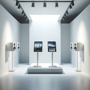Minimalistic Exhibition Room with iPads and Speakers
