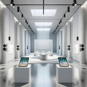 Spacious White Exhibition Space with iPads and Speakers