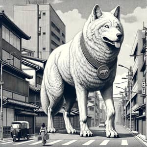 Giant Snow White Wolf in Urban Landscape - Peaceful Co-existence