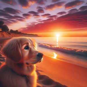Adorable Golden Retriever Enchanted by Sunset on Tranquil Sandy Beach