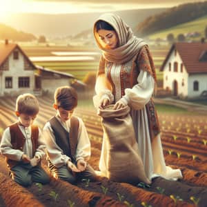 Middle-Eastern Mother and Sons Farming in Rural Village