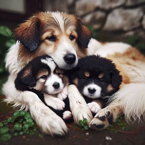 Adorable Puppies Nursing from Caring Mother Dog in Rain