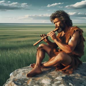 Caveman Playing Ancient Flute | Open Plains Landscape